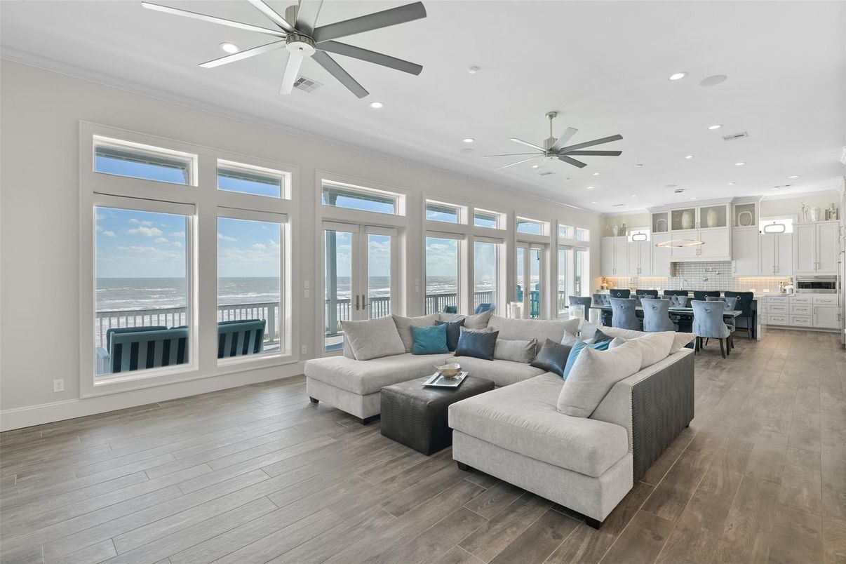 Dining room, Interior, Kitchen, Living room, Pendant Lights, Recessed Lighting, Water, Wood Texture Flooring