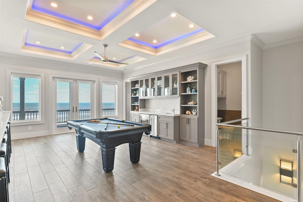 Billiard Table, Game Room, Interior, Recessed Lighting, Water, Wood Texture Flooring