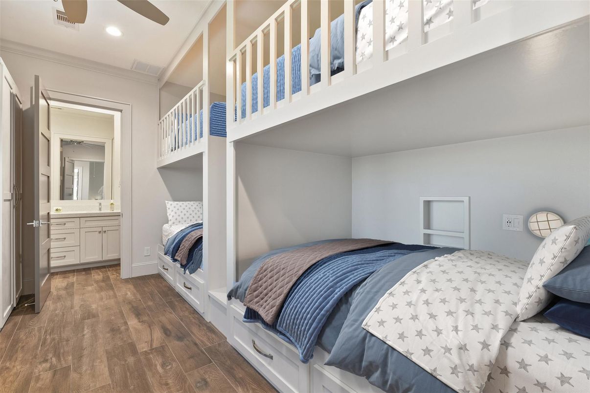 Bedroom, Interior, Recessed Lighting, Wood Texture Flooring