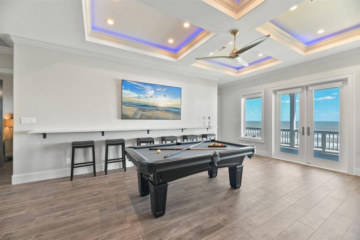 Billiard Table, Game Room, Interior, Recessed Lighting, Water, Wood Texture Flooring