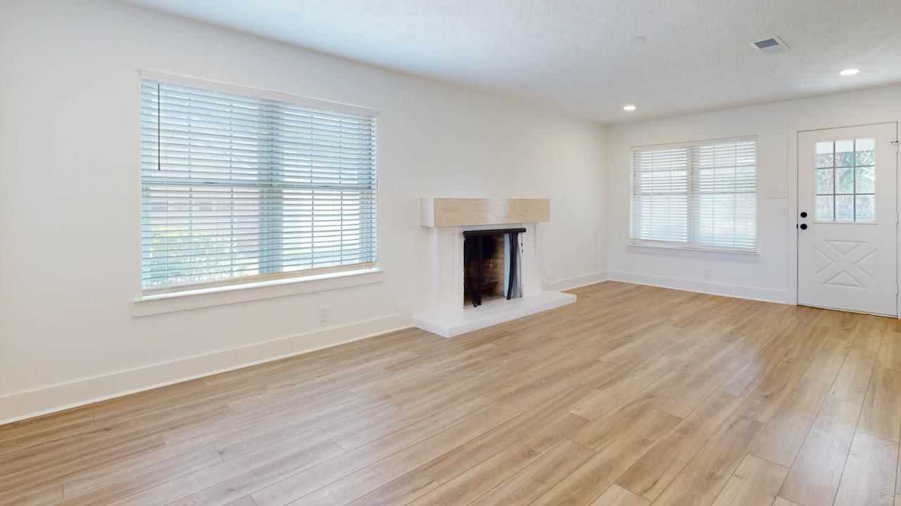 Empty room, Fireplace, Interior, Recessed Lighting, Wood Texture Flooring