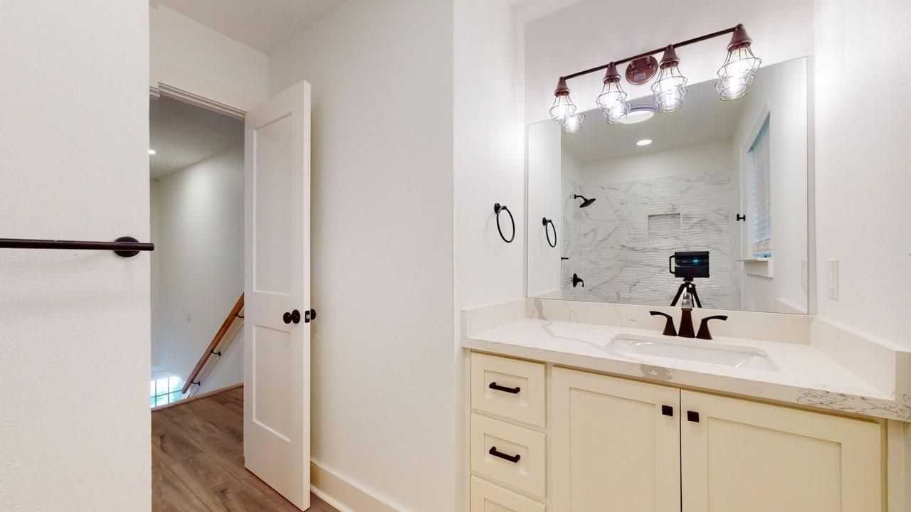 Bathroom, Interior, Marble Walls, Recessed Lighting, Wood Texture Flooring