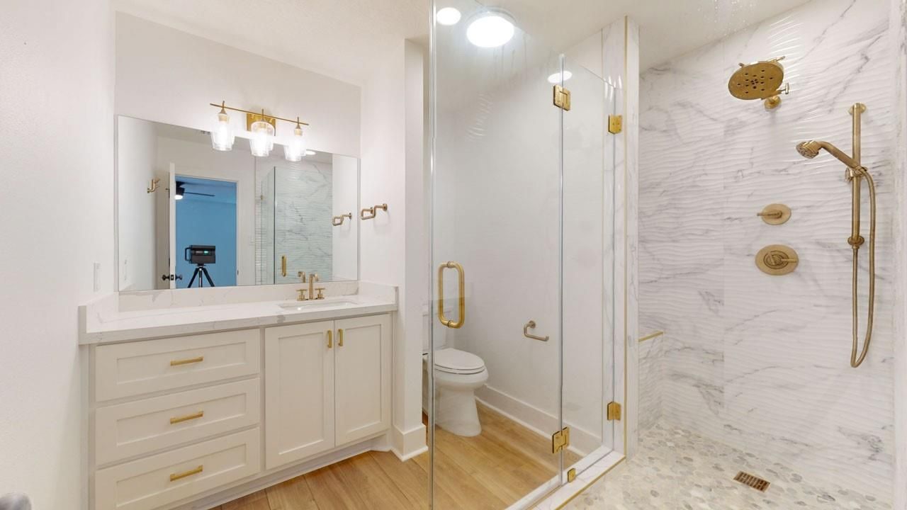 Bathroom, Glass Shower, Interior, Marble Walls, Wood Texture Flooring