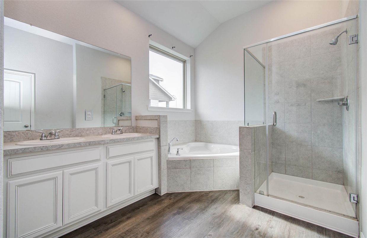 Bathroom, Dual Sink Vanities, Glass Shower, Interior, Wood Texture Flooring