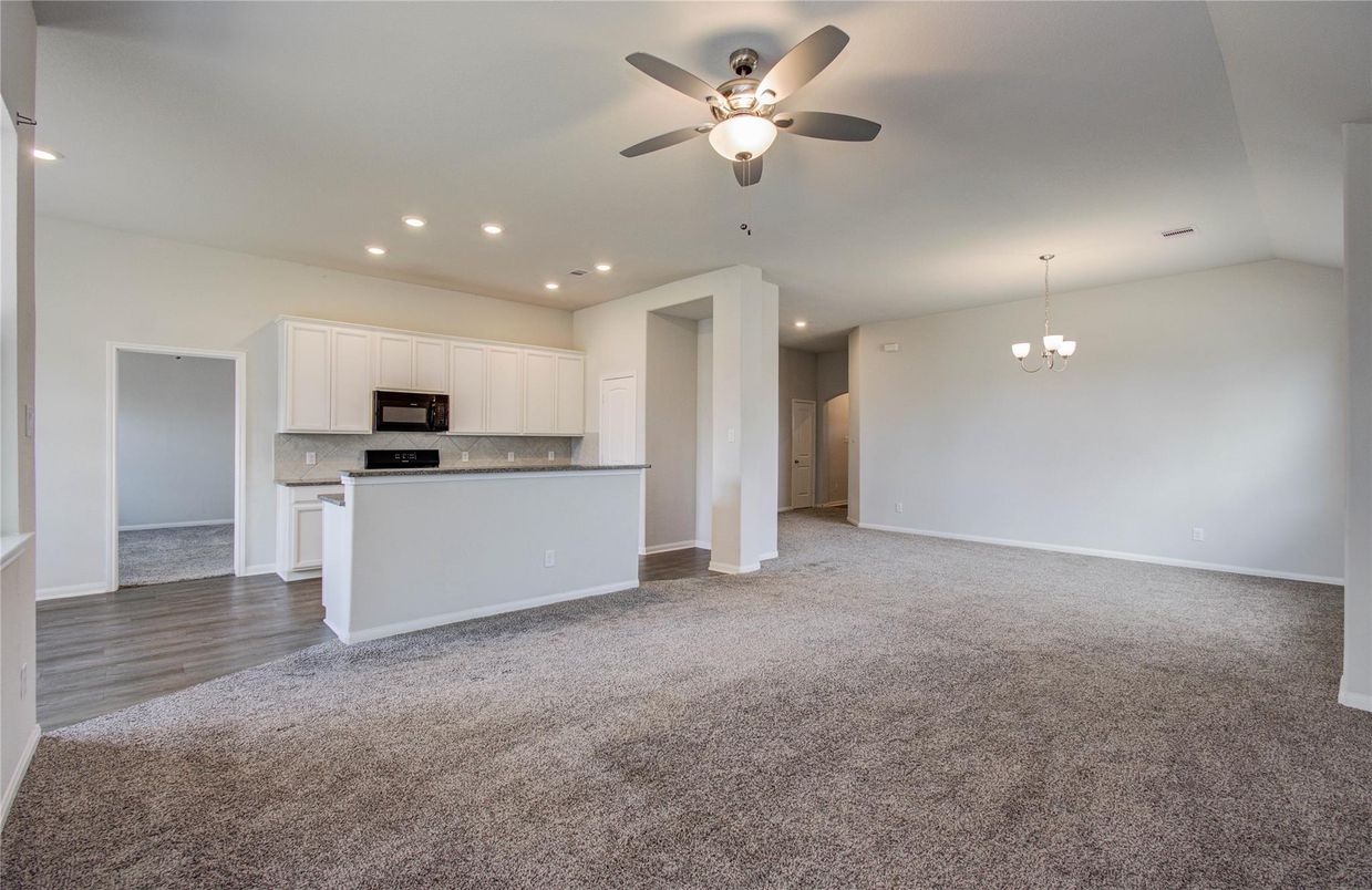 Chandelier, Empty room, Interior, Kitchen, Recessed Lighting, Stainless Steel Appliances