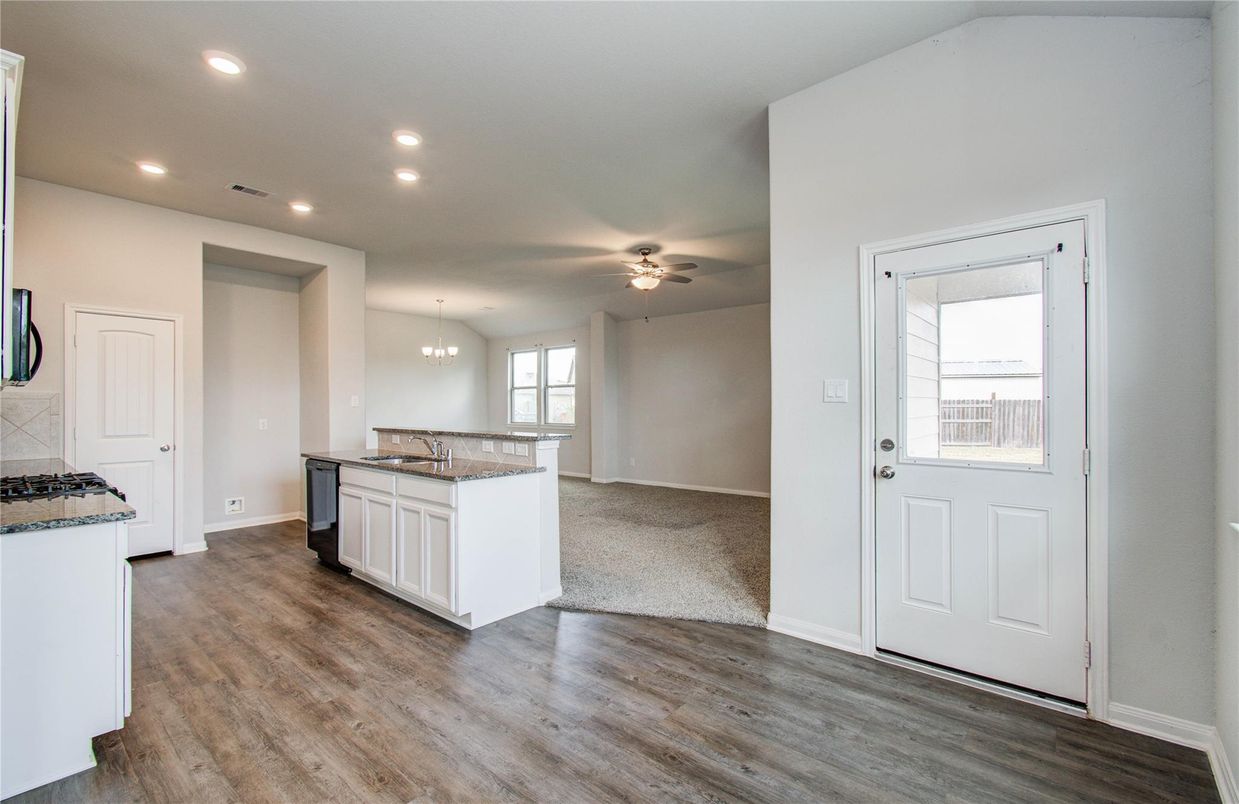 Chandelier, Interior, Kitchen, Recessed Lighting, Wood Texture Flooring