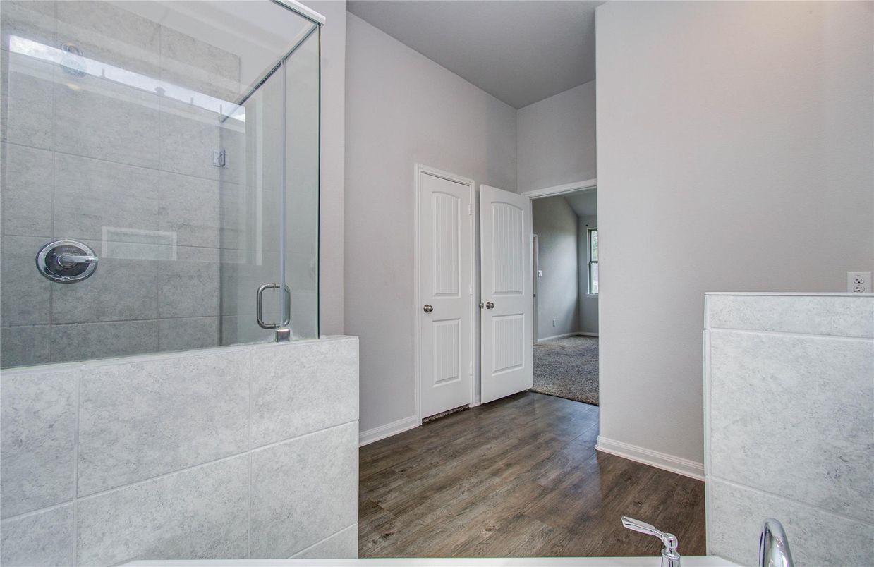 Bathroom, Glass Shower, Interior, Wood Texture Flooring