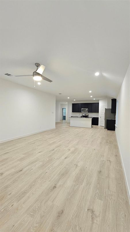 Empty room, Interior, Kitchen, Recessed Lighting, Wood Texture Flooring