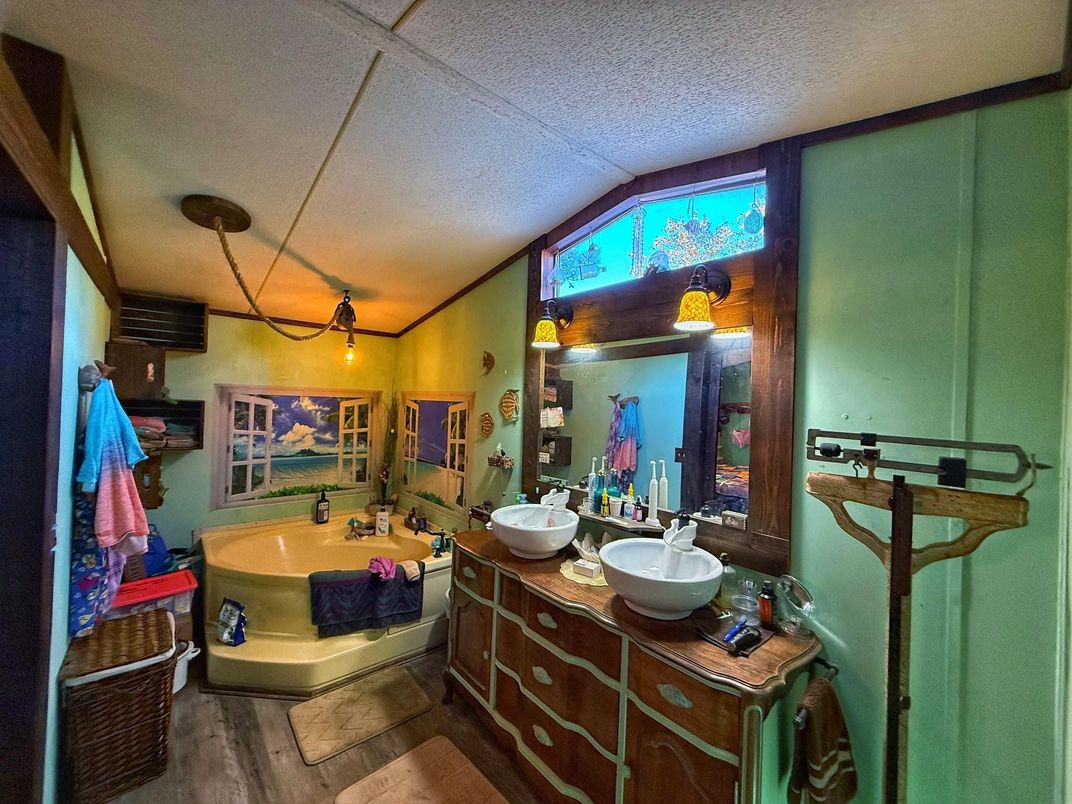 Bathroom, Dual Sink Vanities, Interior, Pendant Lights, Wood Texture Flooring
