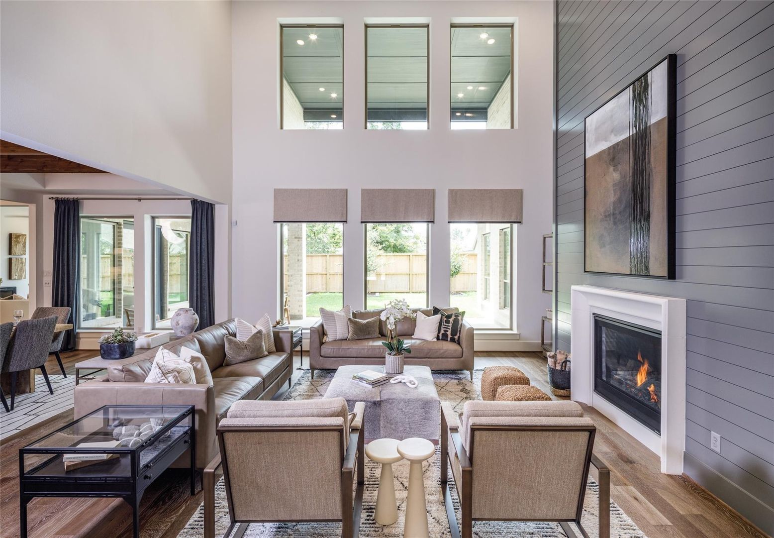 Dining room, Fireplace, Interior, Living room, Recessed Lighting, Wood Texture Flooring