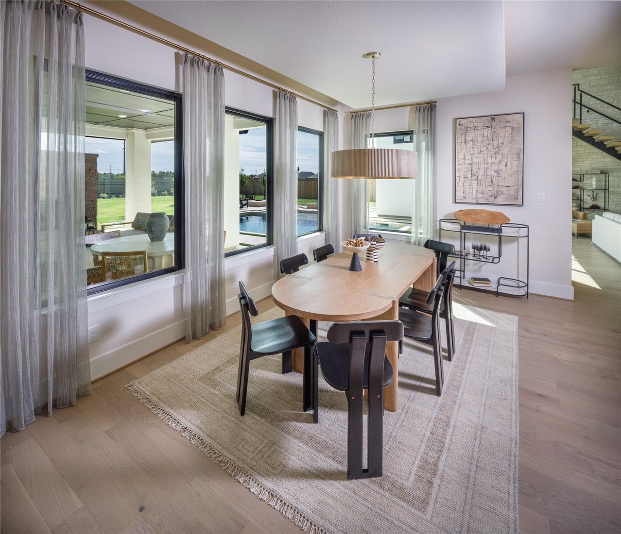 Dining room, Interior, Pendant Lights, Water, Wood Texture Flooring