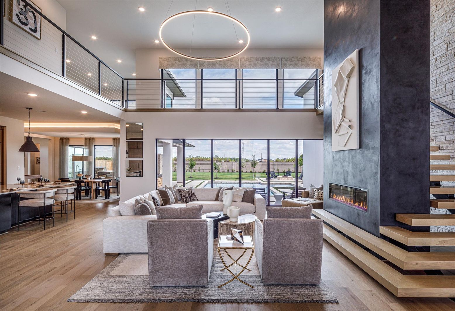 Dining room, Fireplace, Interior, Living room, Pendant Lights, Recessed Lighting, Wood Texture Flooring
