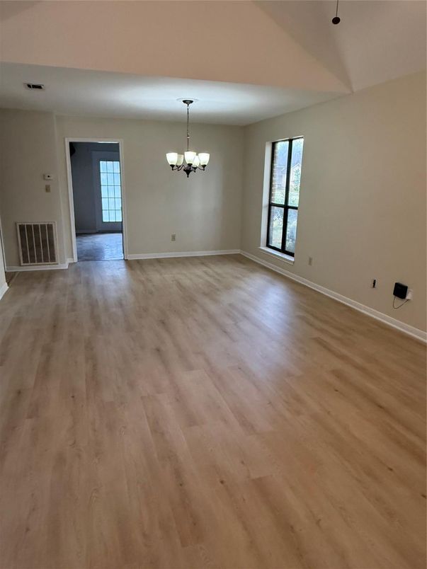 Chandelier, Empty room, Interior, Wood Texture Flooring