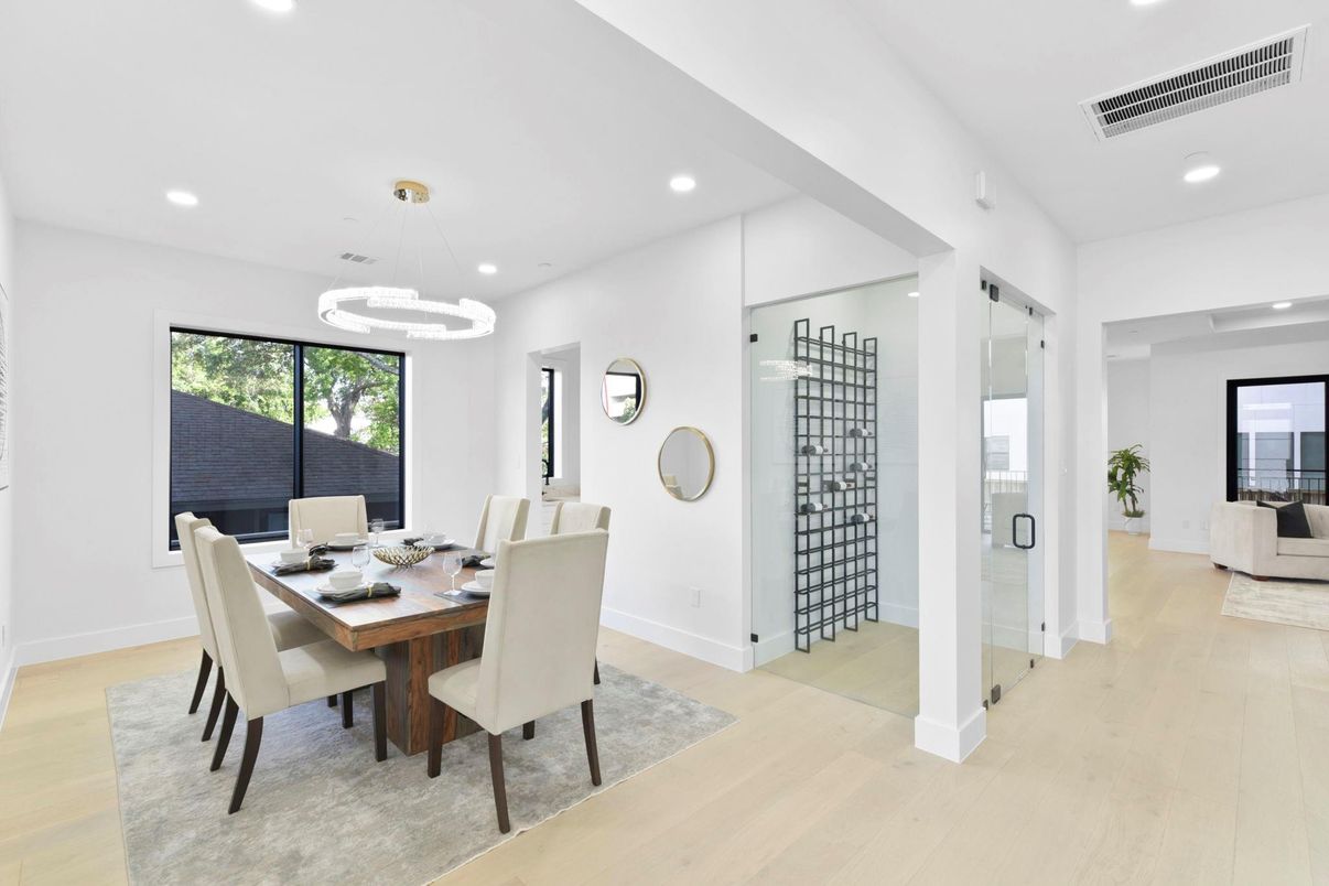 Dining room, Interior, Pendant Lights, Recessed Lighting, Wood Texture Flooring