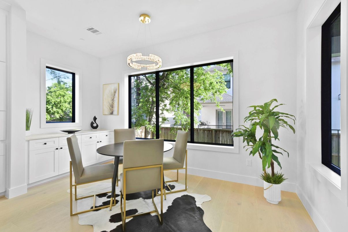 Dining room, Interior, Pendant Lights, Wood Texture Flooring
