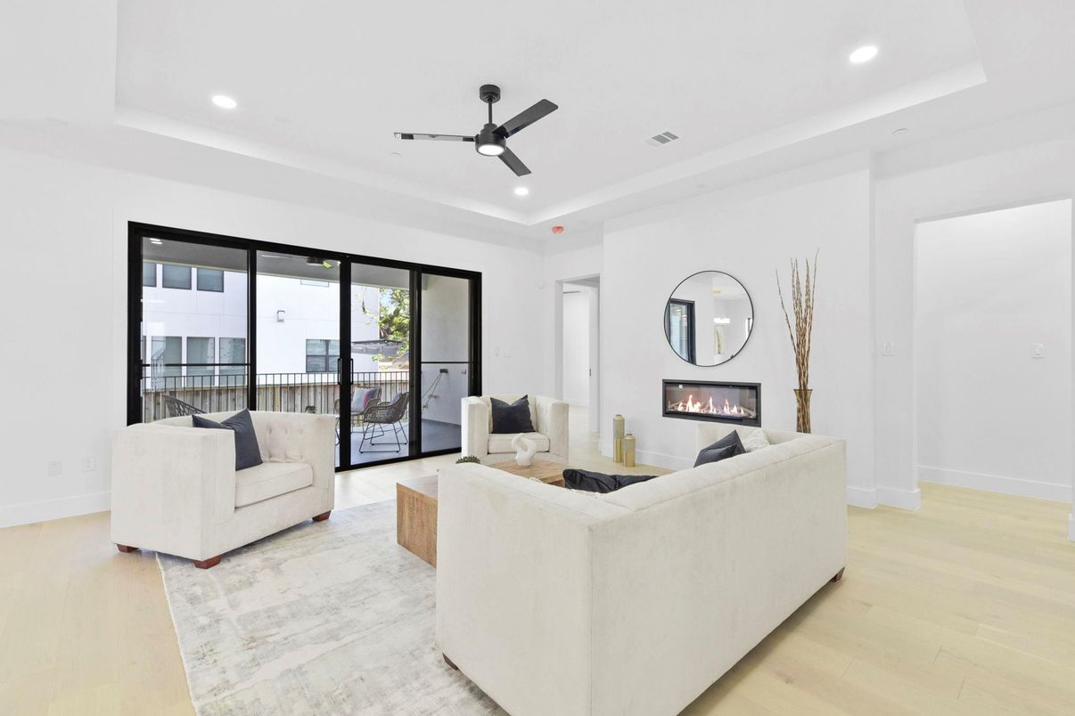 Fireplace, Interior, Living room, Recessed Lighting, Wood Texture Flooring