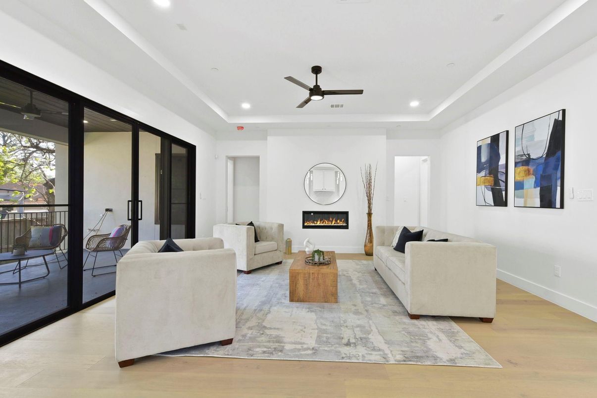 Fireplace, Interior, Living room, Recessed Lighting, Wood Texture Flooring