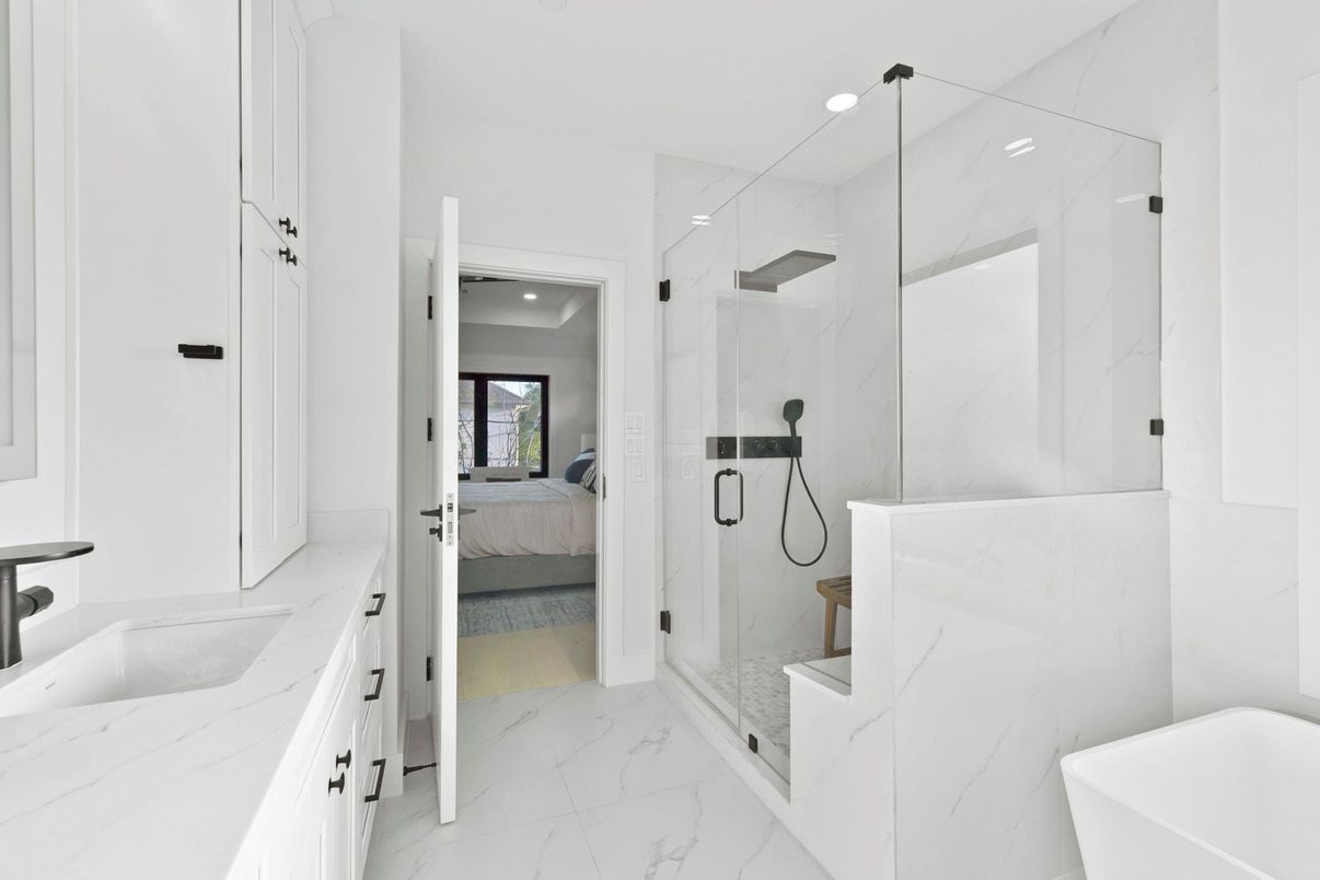 Bathroom, Bedroom, Glass Shower, Interior, Marble, Marble Walls, Recessed Lighting