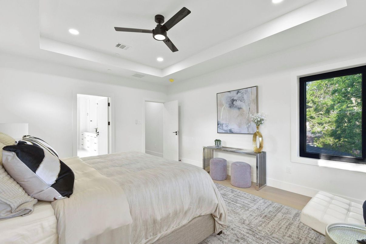 Bedroom, Interior, Recessed Lighting, Wood Texture Flooring