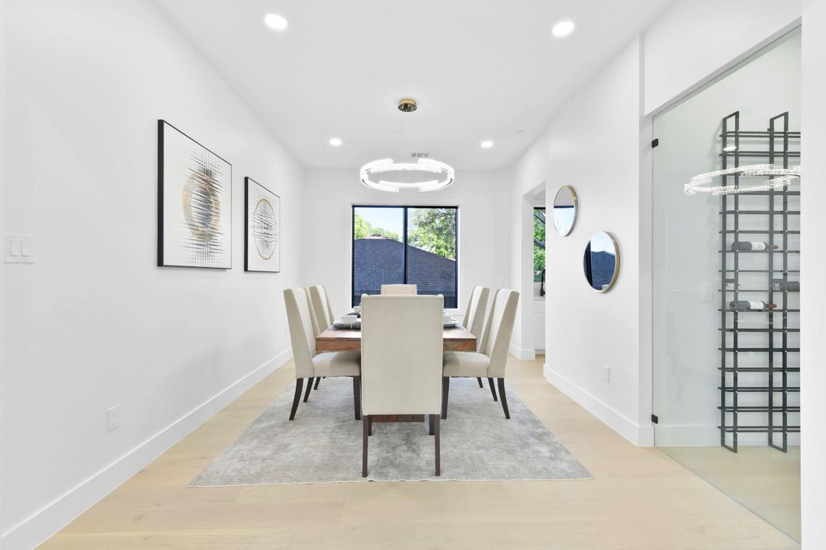 Dining room, Interior, Pendant Lights, Recessed Lighting, Wood Texture Flooring