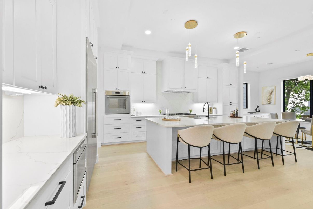 Interior, Kitchen, Pendant Lights, Recessed Lighting, Stainless Steel Appliances, Wood Texture Flooring