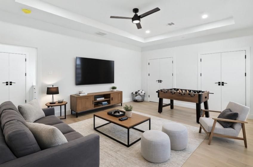 Game Room, Interior, Living room, Recessed Lighting, Wood Texture Flooring