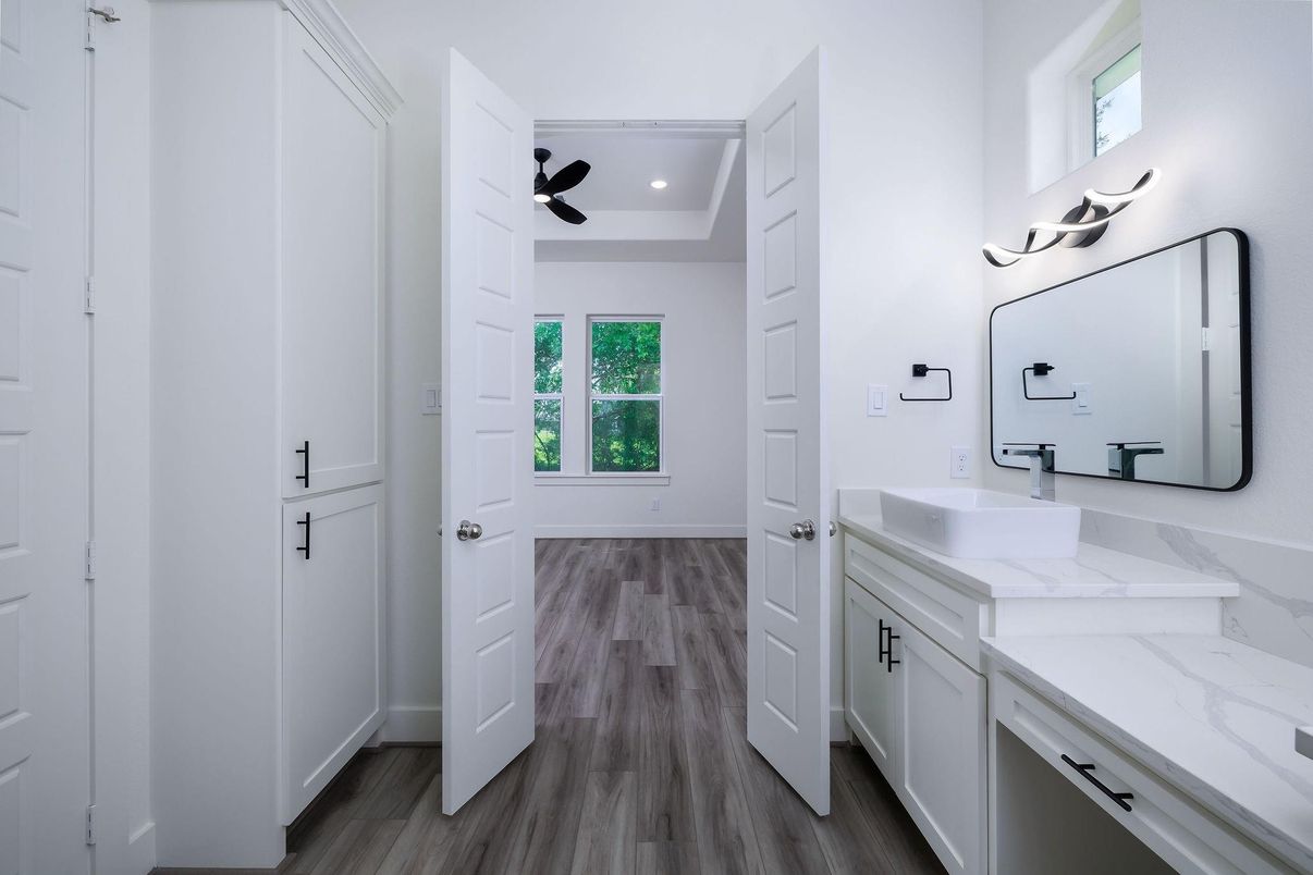 Bathroom, Dual Sink Vanities, Interior, Recessed Lighting, Wood Texture Flooring
