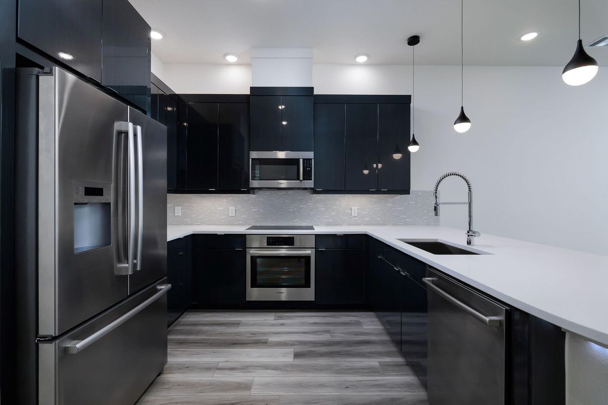 Interior, Kitchen, Pendant Lights, Recessed Lighting, Stainless Steel Appliances, Wood Texture Flooring