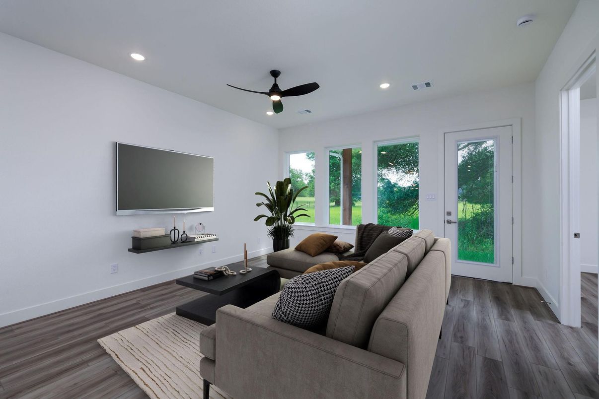 Interior, Living room, Recessed Lighting, Wood Texture Flooring