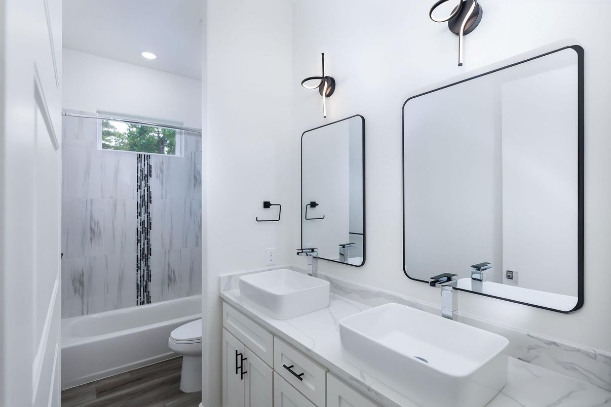 Bathroom, Dual Sink Vanities, Interior, Recessed Lighting, Tile Countertops, Wood Texture Flooring