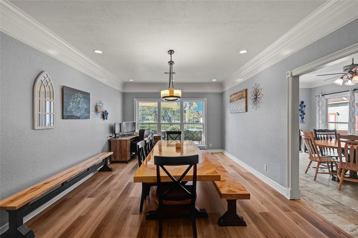 Dining room, Interior, Pendant Lights, Recessed Lighting, Wood Texture Flooring