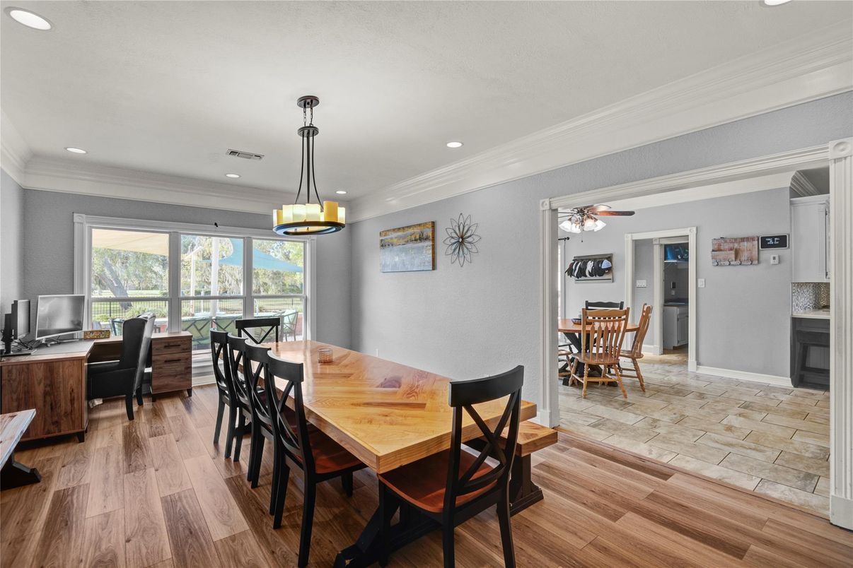 Dining room, Interior, Pendant Lights, Recessed Lighting, Wood Texture Flooring