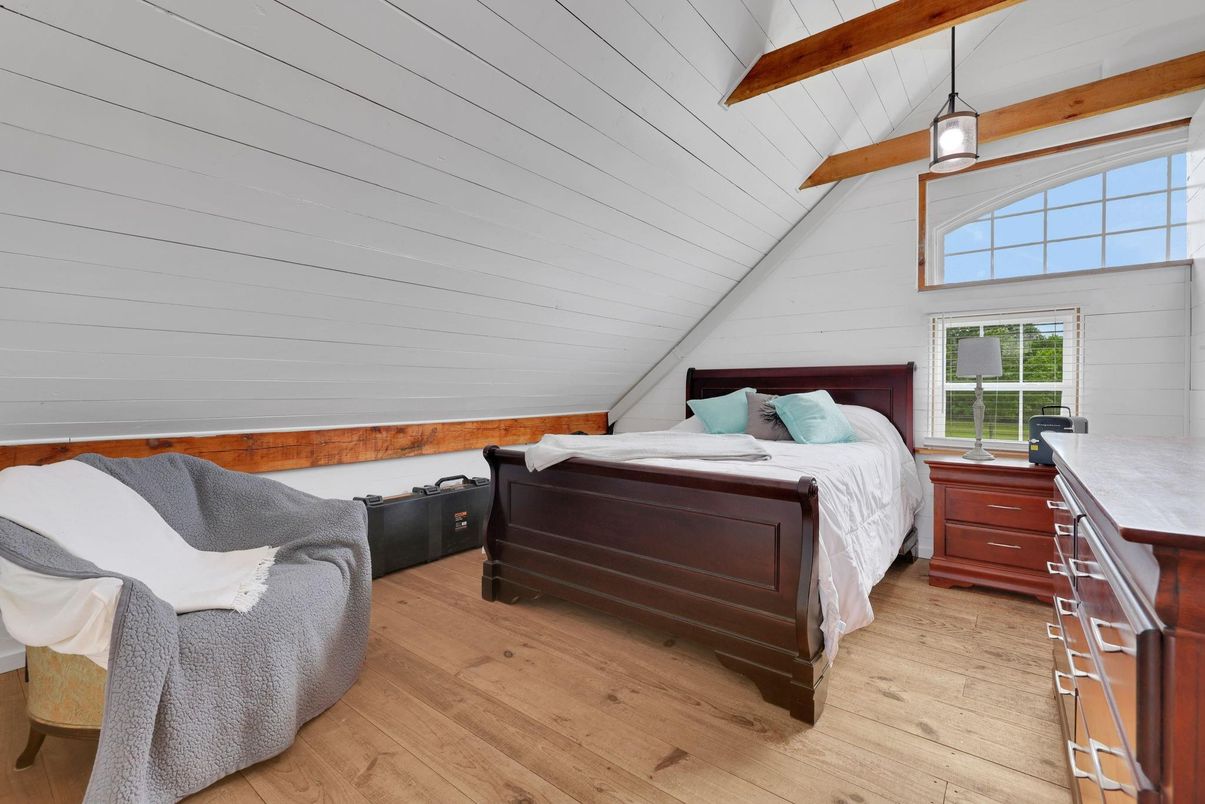 Bedroom, Interior, Pendant Lights, Wooden Beams, Wood Texture Flooring