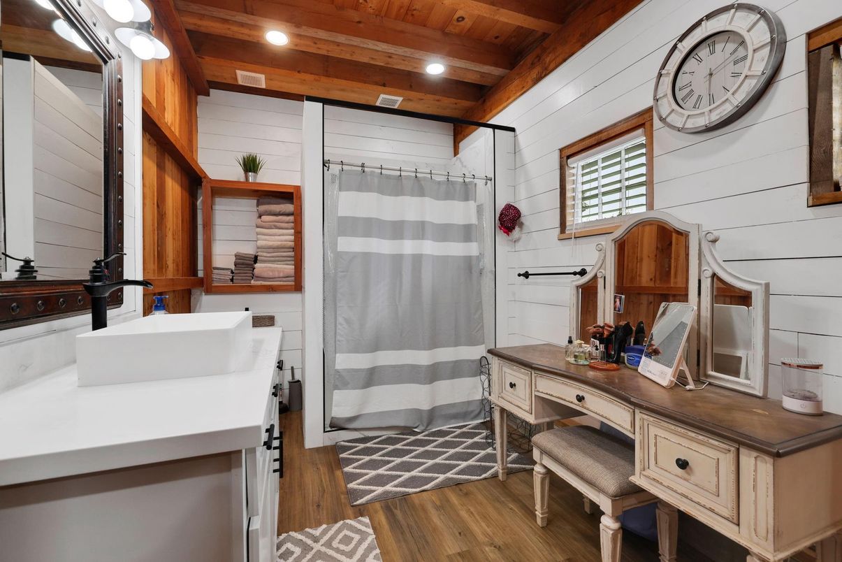 Bathroom, Interior, Recessed Lighting, Wooden Beams, Wooden Ceilings, Wood Texture Flooring