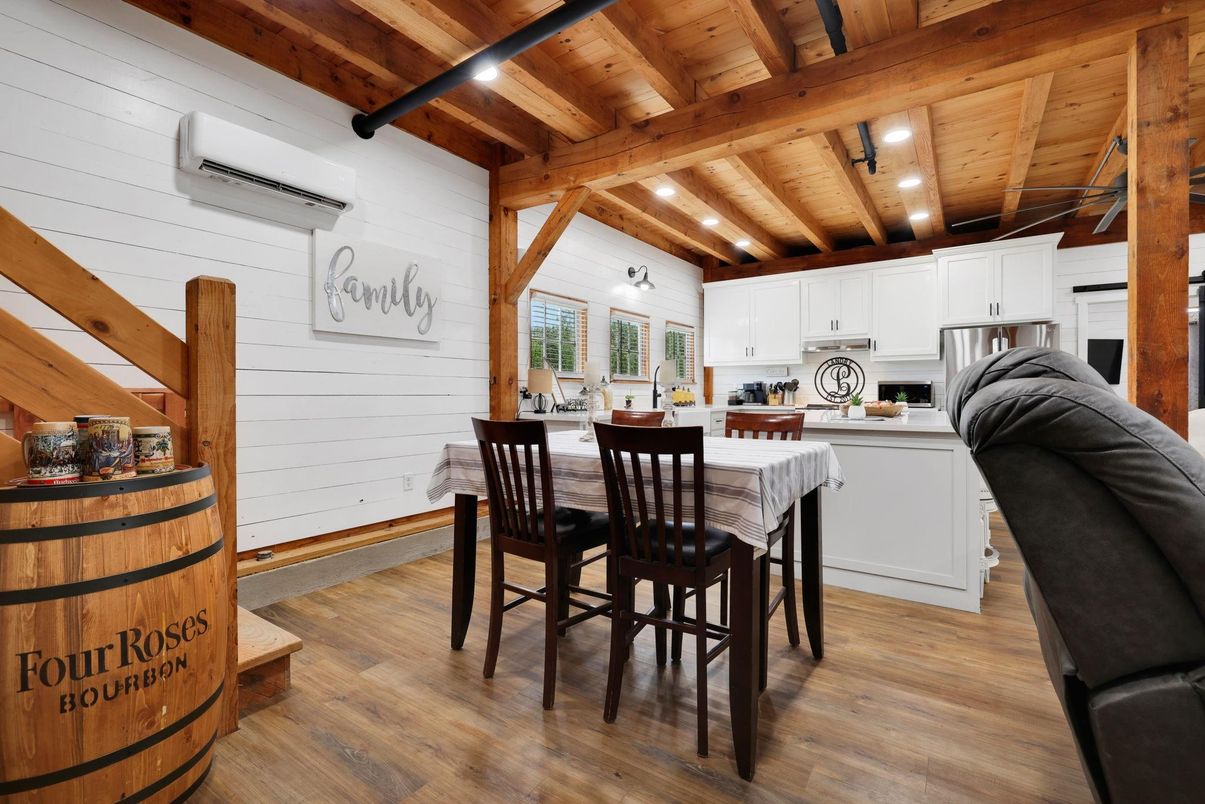 Interior, Kitchen, Recessed Lighting, Stainless Steel Appliances, Wooden Beams, Wooden Ceilings, Wood Texture Flooring