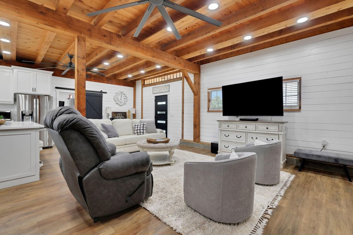 Interior, Kitchen, Living room, Recessed Lighting, Stainless Steel Appliances, Wooden Beams, Wooden Ceilings, Wood Texture Flooring