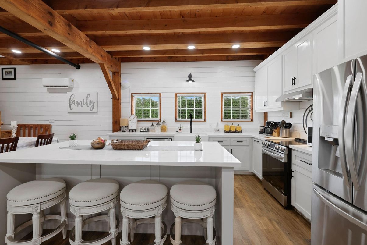 Interior, Kitchen, Recessed Lighting, Stainless Steel Appliances, Wooden Beams, Wooden Ceilings, Wood Texture Flooring