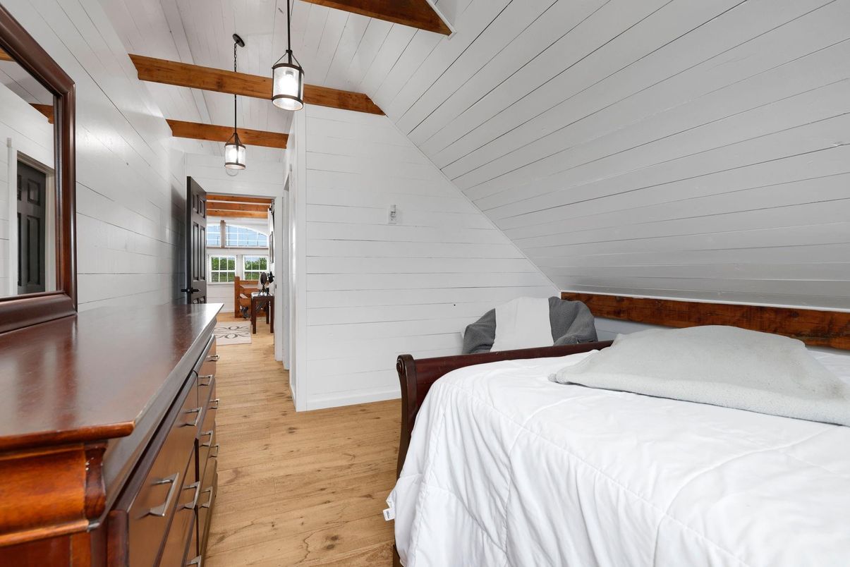 Bedroom, Interior, Pendant Lights, Wooden Beams, Wood Texture Flooring