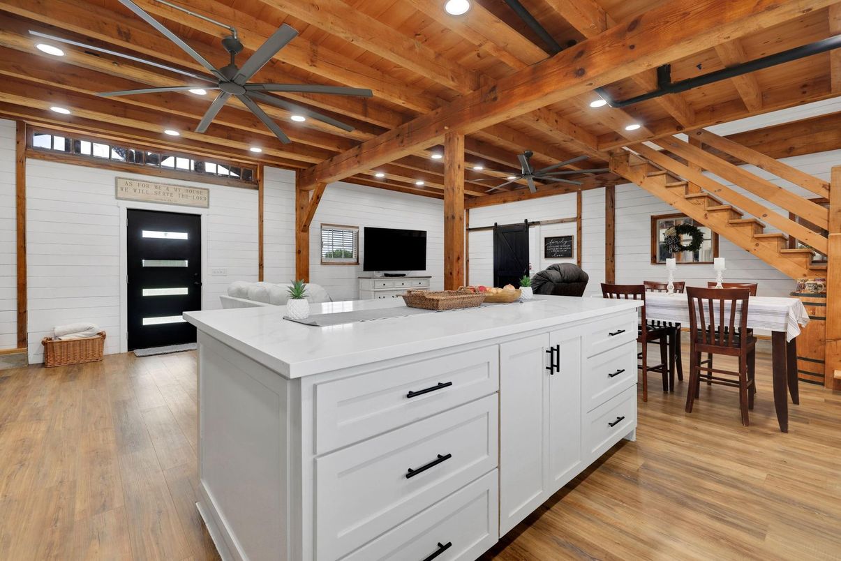 Dining room, Interior, Recessed Lighting, Wooden Beams, Wooden Ceilings, Wood Texture Flooring