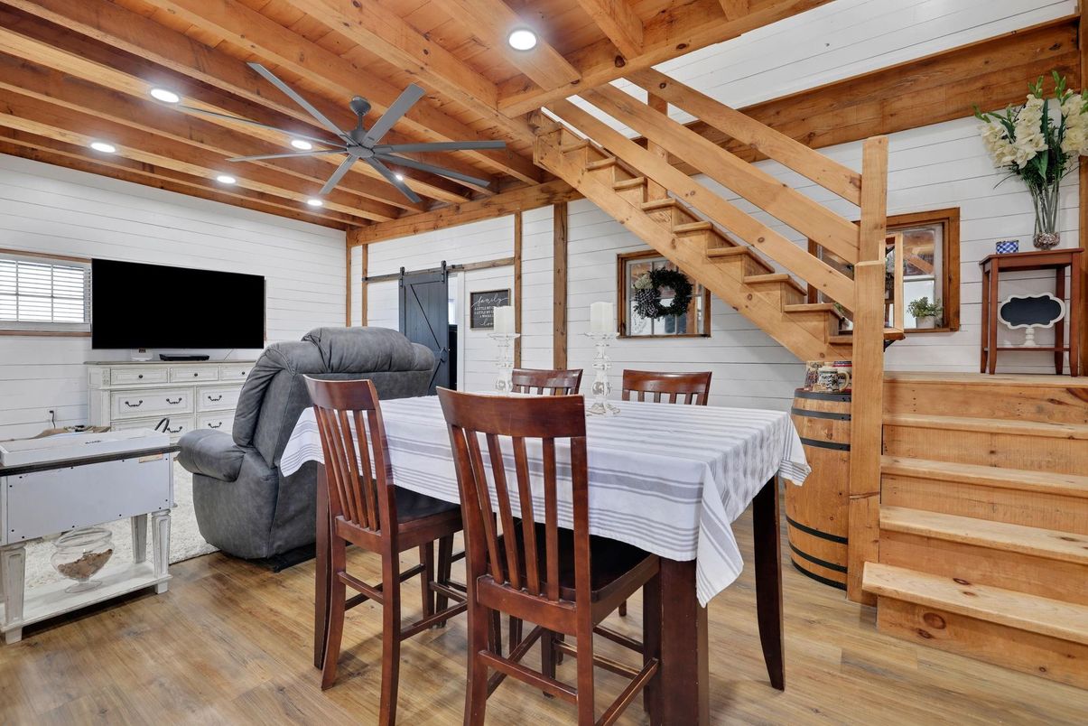 Dining room, Interior, Recessed Lighting, Wooden Beams, Wooden Ceilings, Wood Texture Flooring