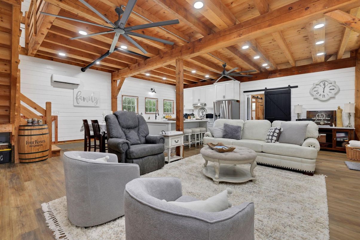 Fireplace, Interior, Kitchen, Living room, Recessed Lighting, Stainless Steel Appliances, Stone Walls, Wooden Beams, Wooden Ceilings, Wood Texture Flooring