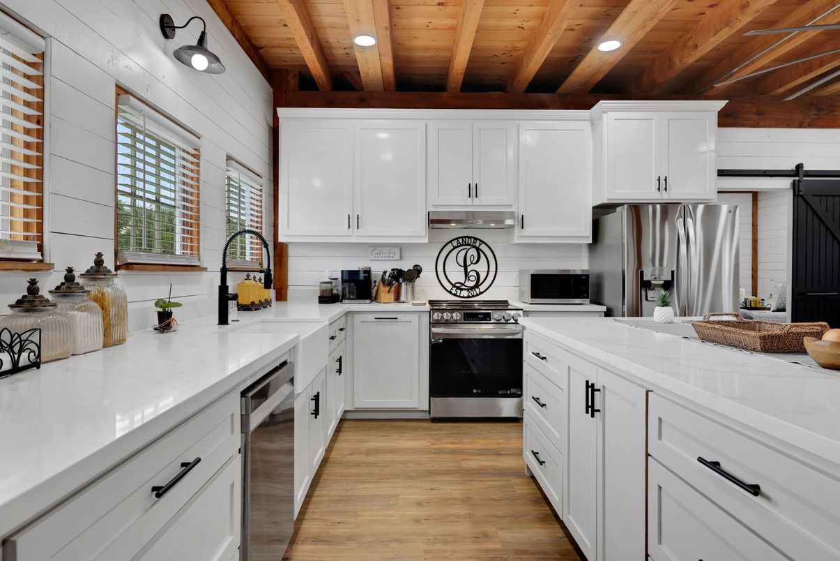 Interior, Kitchen, Recessed Lighting, Stainless Steel Appliances, Wooden Beams, Wooden Ceilings, Wood Texture Flooring