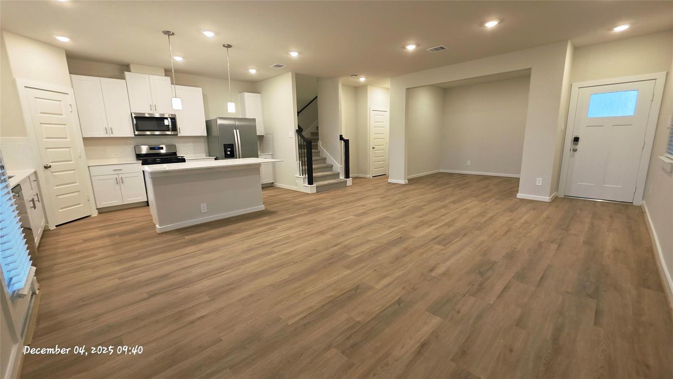 Interior, Kitchen, Pendant Lights, Recessed Lighting, Stainless Steel Appliances, Wood Texture Flooring