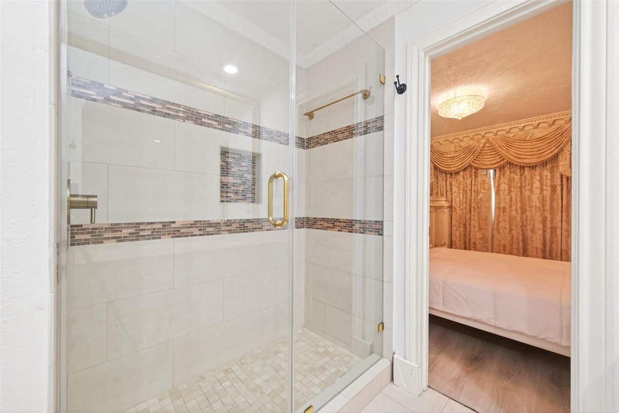 Bathroom, Bedroom, Glass Shower, Interior, Recessed Lighting, Wood Texture Flooring