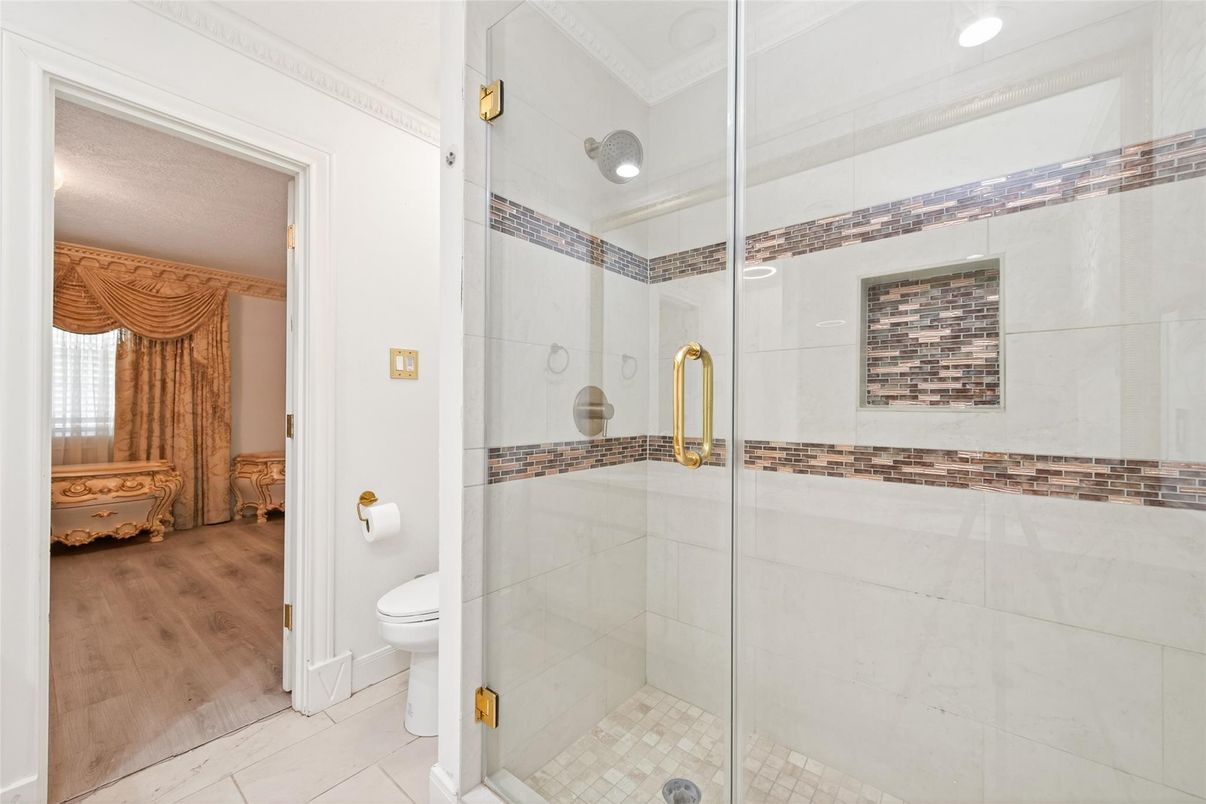 Bathroom, Glass Shower, Interior, Recessed Lighting, Wood Texture Flooring