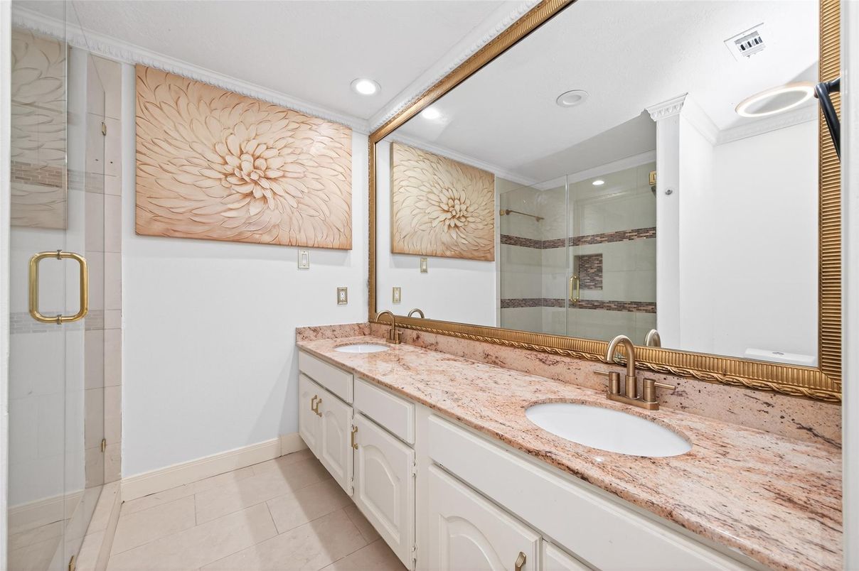 Bathroom, Dual Sink Vanities, Glass Shower, Interior, Recessed Lighting