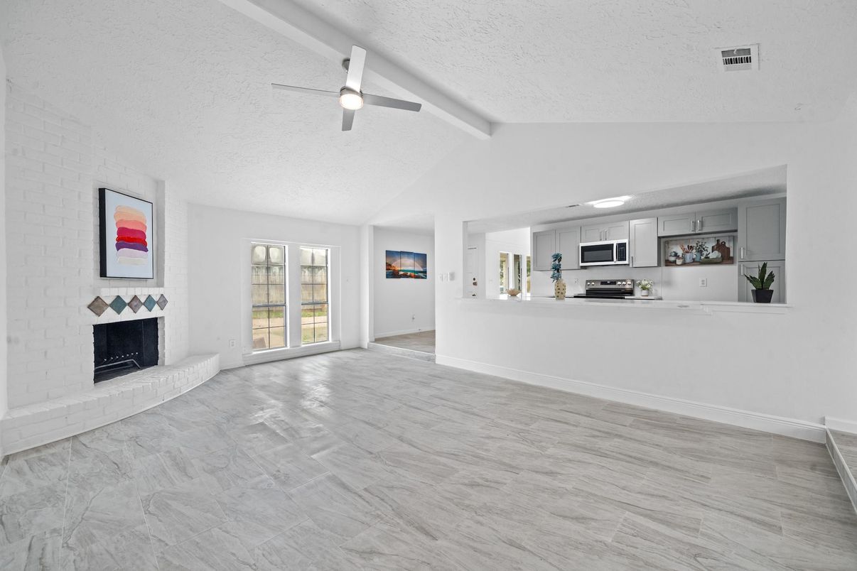 Empty room, Fireplace, Interior, Kitchen, Wood Texture Flooring