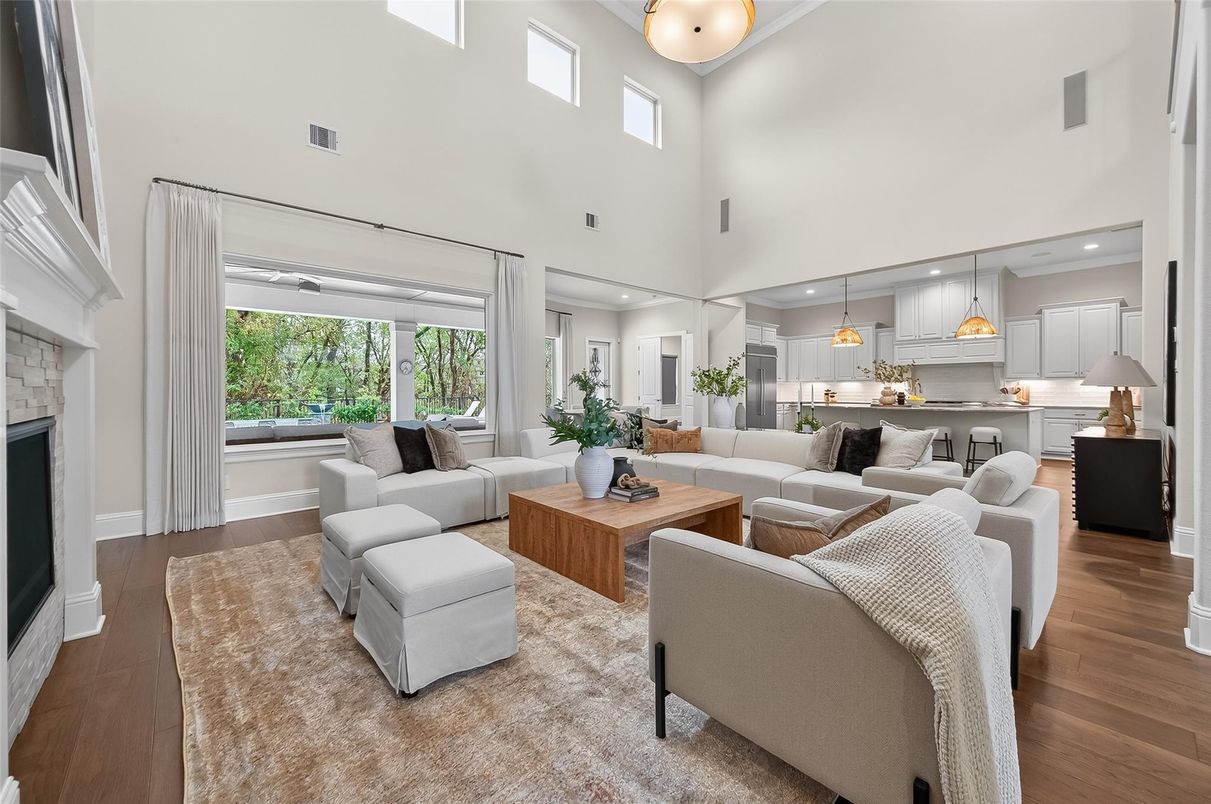 Fireplace, Interior, Kitchen, Living room, Pendant Lights, Recessed Lighting, Wood Texture Flooring