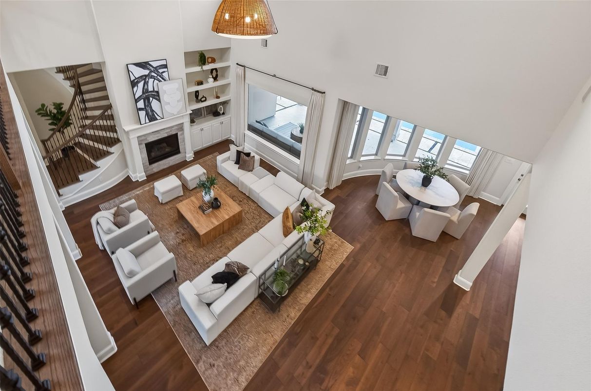 Dining room, Fireplace, Interior, Living room, Wood Texture Flooring