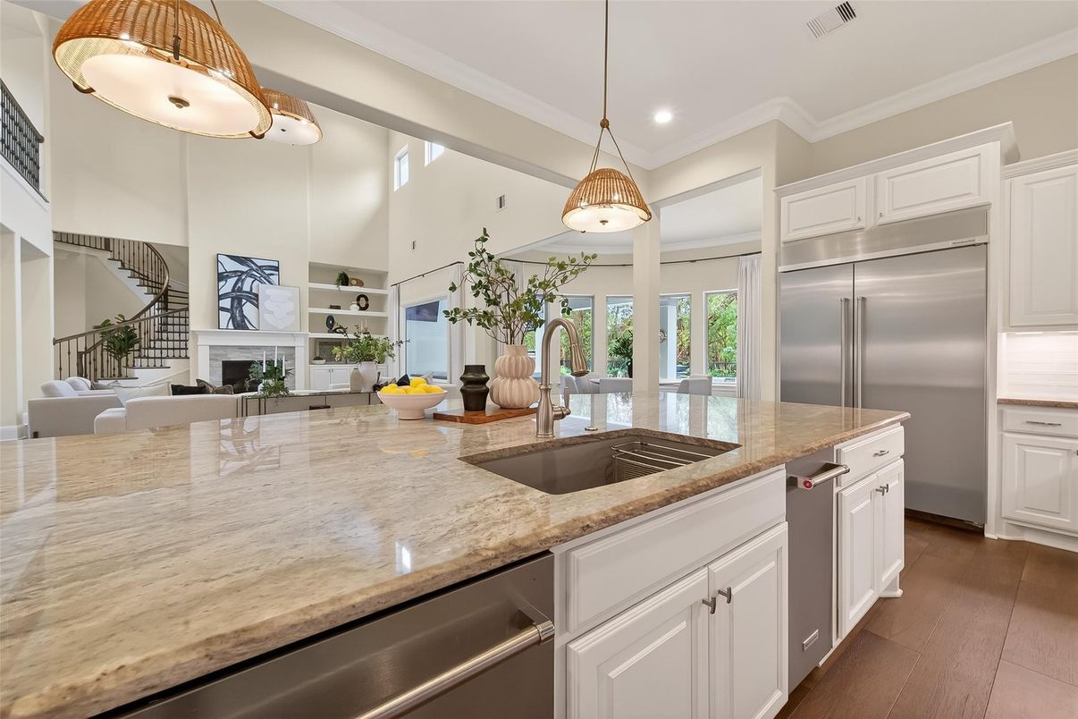 Fireplace, Interior, Kitchen, Pendant Lights, Recessed Lighting, Stainless Steel Appliances, Wood Texture Flooring